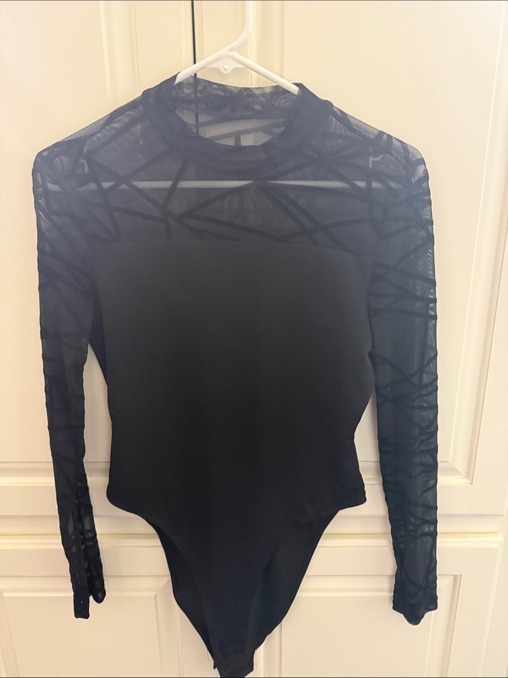 Black Long-Sleeve Mesh Panel Bodysuit - Women Tops